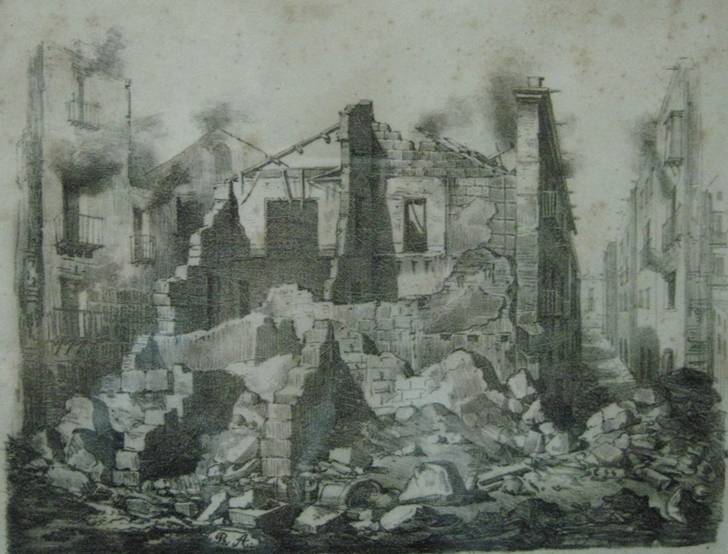 Parte dei casamenti incendiati dai regi alla Piazza Grande presso Porta di Castro nei dì 27 e 28 maggio 1860